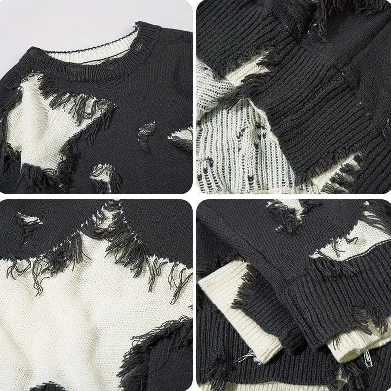 Sneakerhill® Distressed Knit Sweater Star Patch Sneakerhill