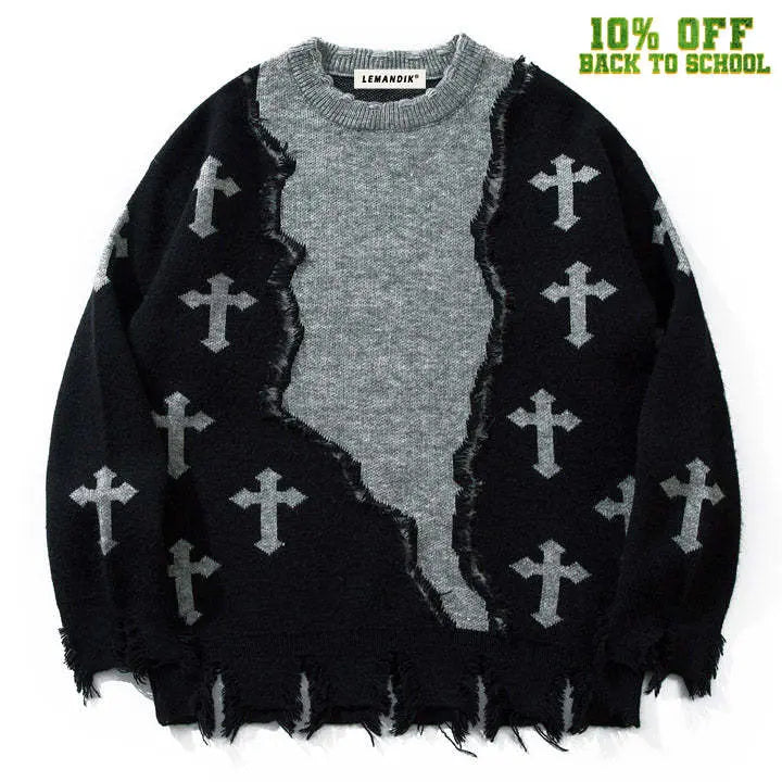 Sneakerhill® Distressed Sweater Cross Patchwork Sneakerhill