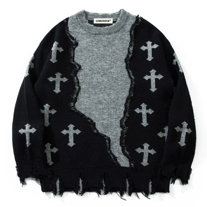 Sneakerhill® Distressed Sweater Cross Patchwork Sneakerhill