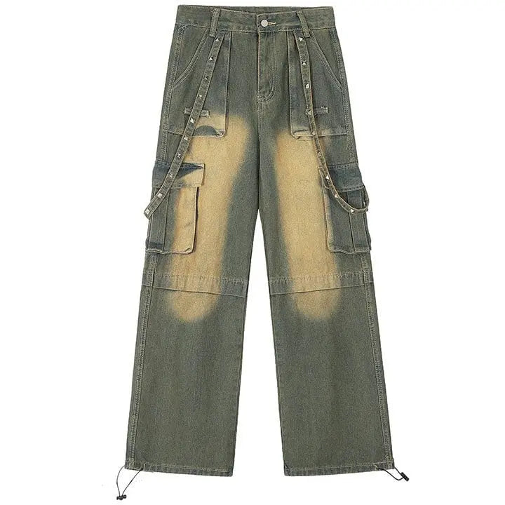 Sneakerhill® Distressed Washed Cargo Jeans Side Pockets - sneakerhillcom