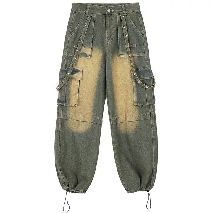 Sneakerhill® Distressed Washed Cargo Jeans Side Pockets - sneakerhillcom