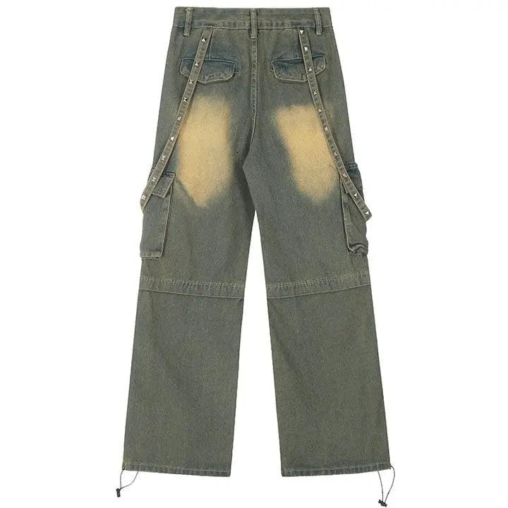 Sneakerhill® Distressed Washed Cargo Jeans Side Pockets - sneakerhillcom