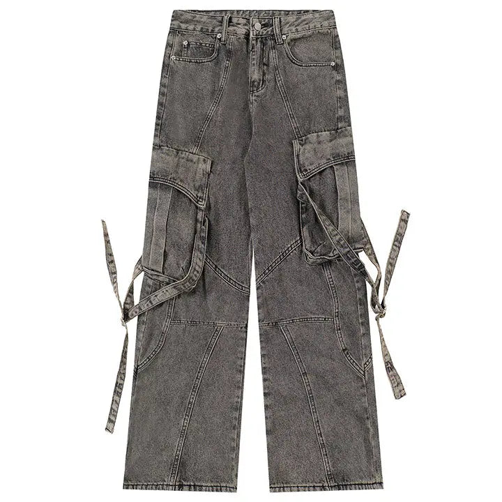 Sneakerhill® Distressed Washed Cargo Jeans Side Tie Pocket - sneakerhillcom