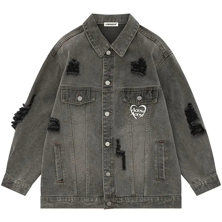 Sneakerhill® Distressed Washed Denim Jacket Heart Print - sneakerhillcom