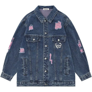 Sneakerhill® Distressed Washed Denim Jacket Heart Print - sneakerhillcom