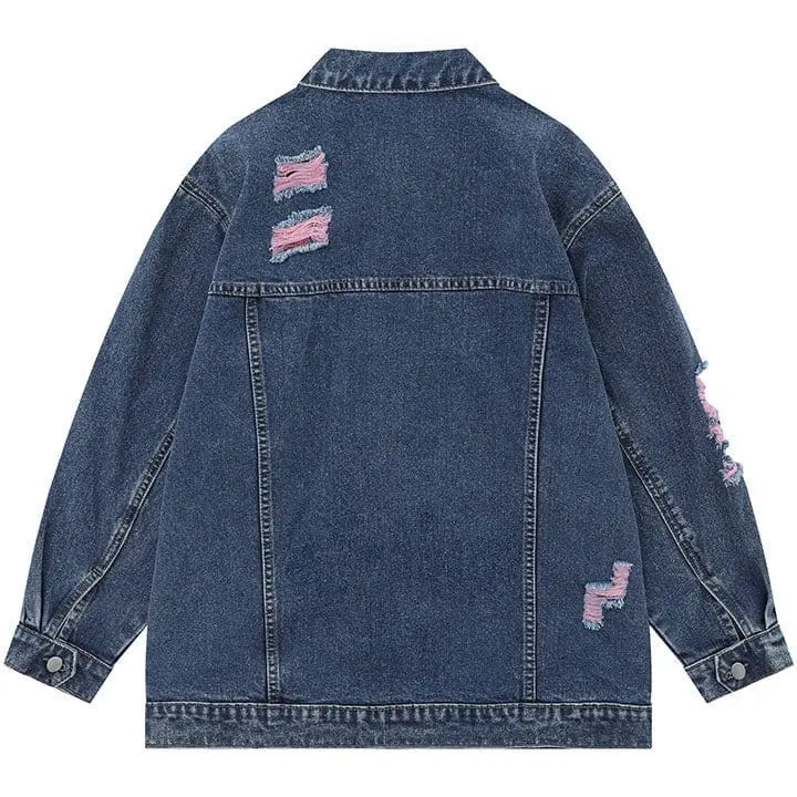 Sneakerhill® Distressed Washed Denim Jacket Heart Print - sneakerhillcom