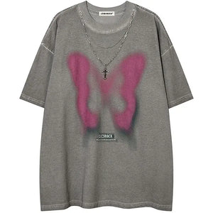 Sneakerhill® Distressed Washed T-shirt Colorful Butterfly - sneakerhillcom