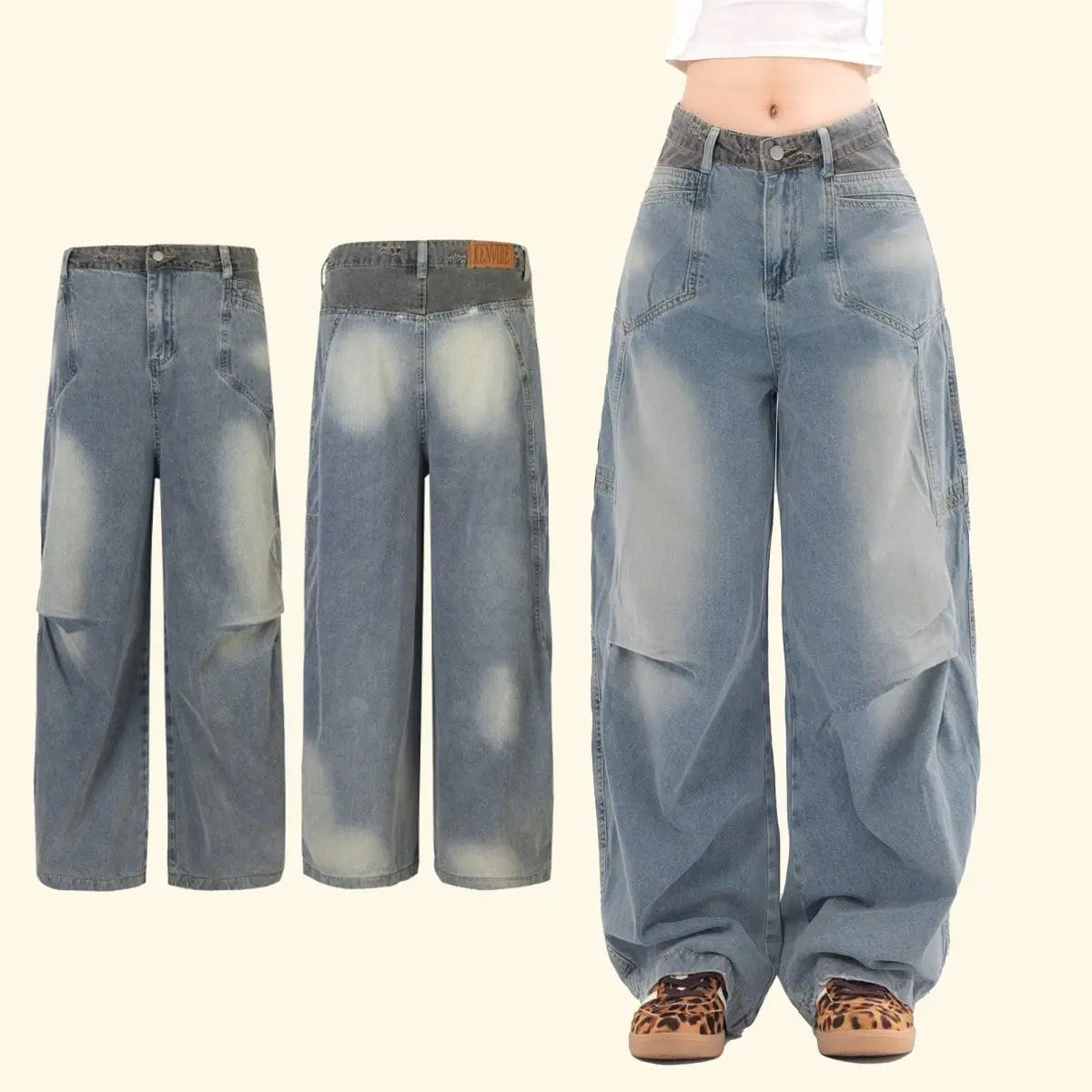 Sneakerhill® Faded Wash Jeans Side Pleated Sneakerhill