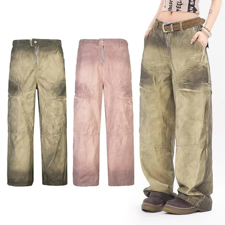 Sneakerhill® Faded Wide Leg Cargo Pants - sneakerhillcom