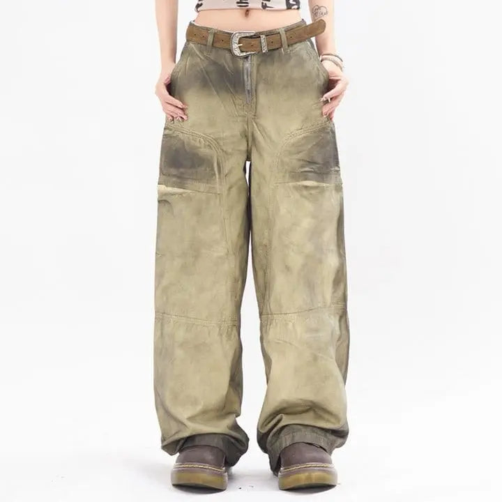 Sneakerhill® Faded Wide Leg Cargo Pants - sneakerhillcom