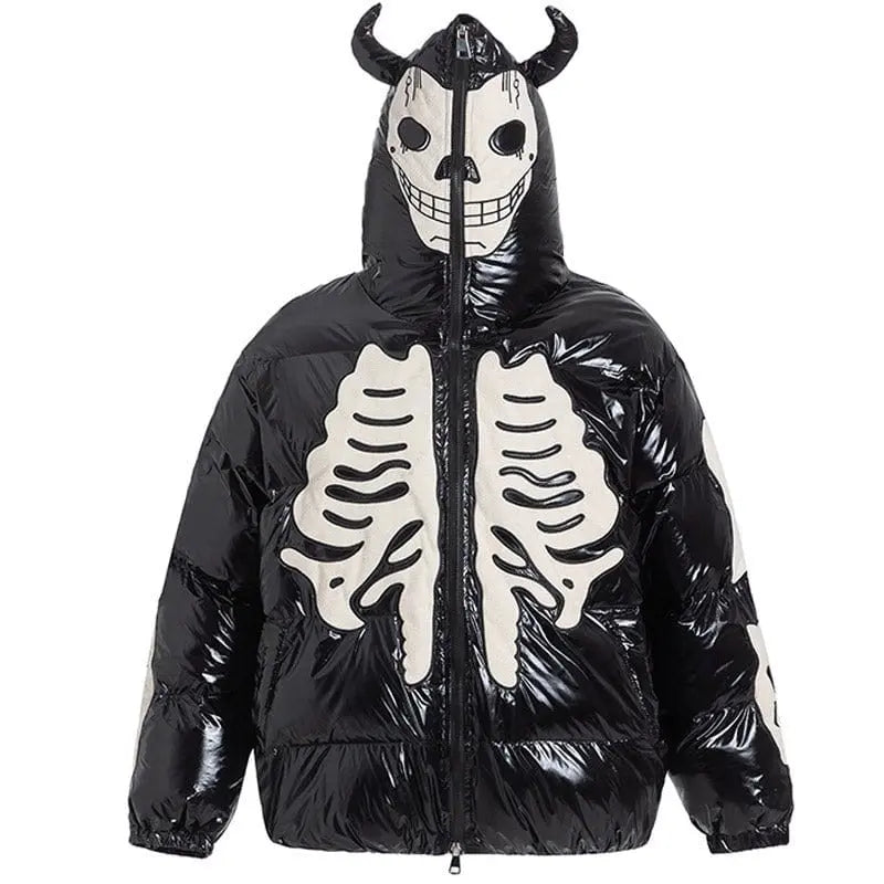 Sneakerhill® Faux Leather Puffer Jacket Skeleton Devil - sneakerhillcom