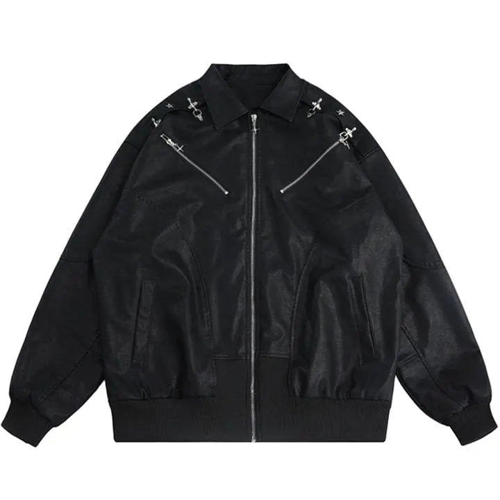 Sneakerhill® Faux Leather Zipper Jacket Star Sneakerhill