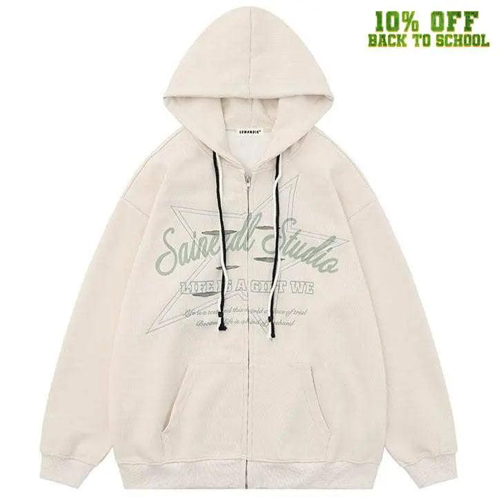 Sneakerhill® Fleece Zipper Hoodie Pentagram Print - sneakerhillcom