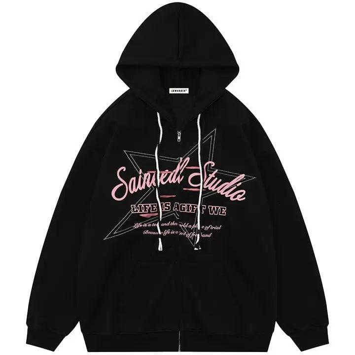 Sneakerhill® Fleece Zipper Hoodie Pentagram Print - sneakerhillcom
