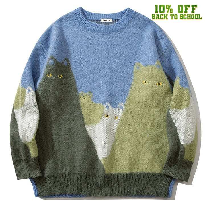 Sneakerhill® Fluffy Knit Sweater Colorful Cats - sneakerhillcom