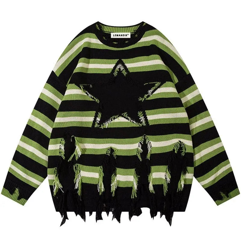 Sneakerhill® Fringed Striped Pullover Sweater Star - sneakerhillcom