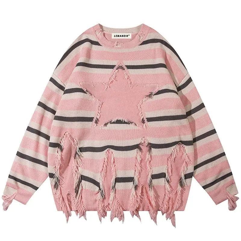 Sneakerhill® Fringed Striped Pullover Sweater Star - sneakerhillcom