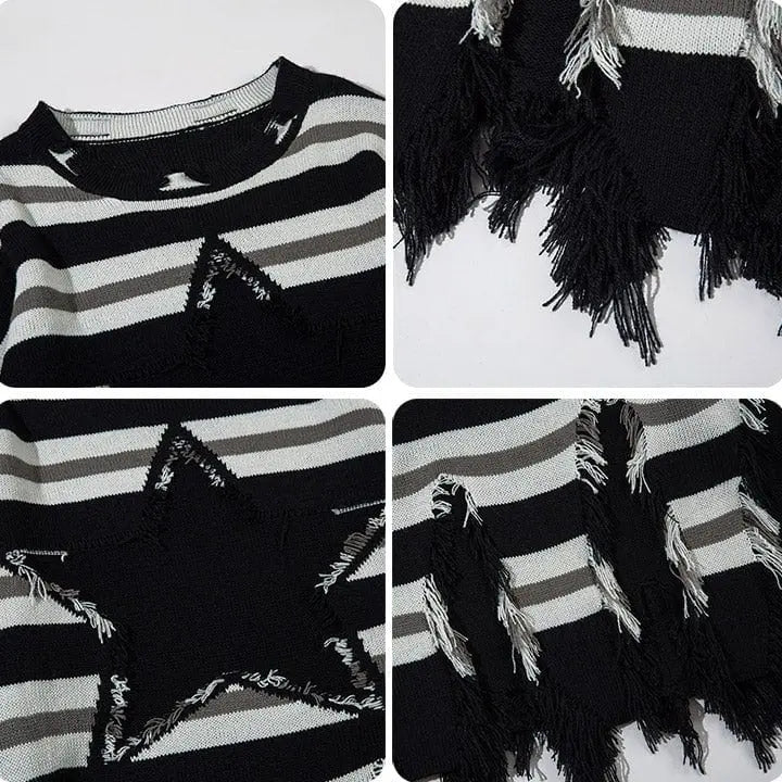 Sneakerhill® Fringed Striped Pullover Sweater Star - sneakerhillcom