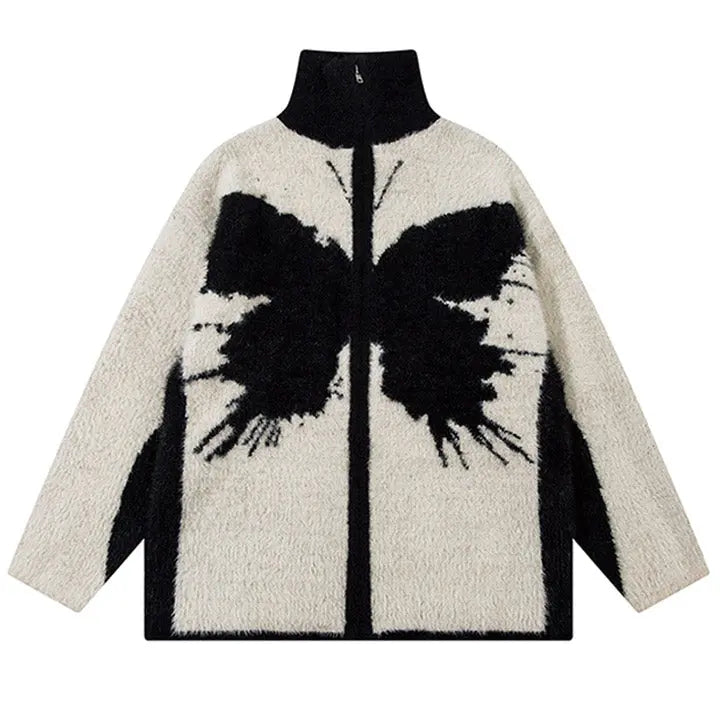 Sneakerhill® Furry Butterfly Jacquard Sweater Cardigan - sneakerhillcom