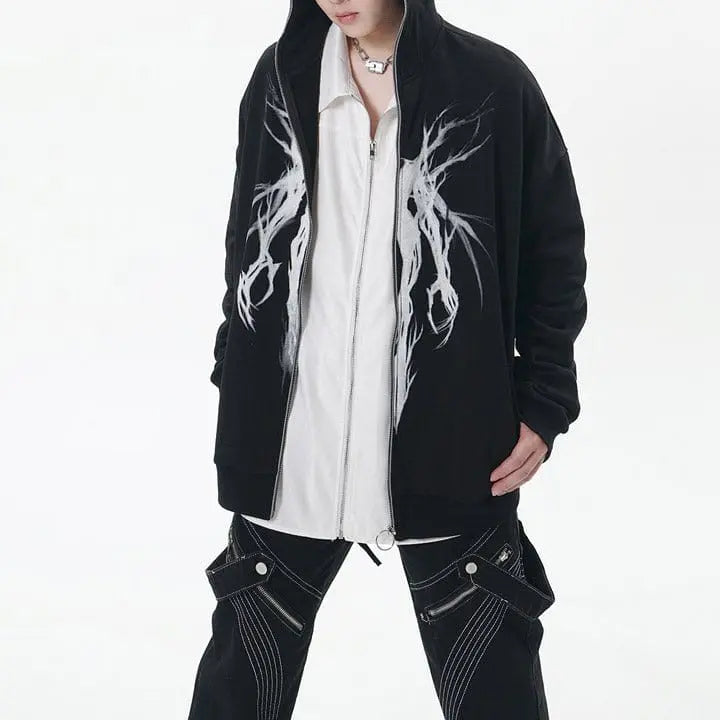 Sneakerhill® Gothic Black Full Zip Graphic Hoodie - sneakerhillcom