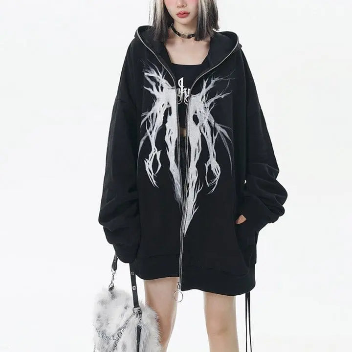 Sneakerhill® Gothic Black Full Zip Graphic Hoodie - sneakerhillcom