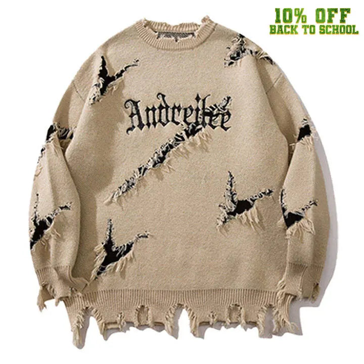 Sneakerhill® Gothic Punk Knit Sweater Ripped Hem - sneakerhillcom