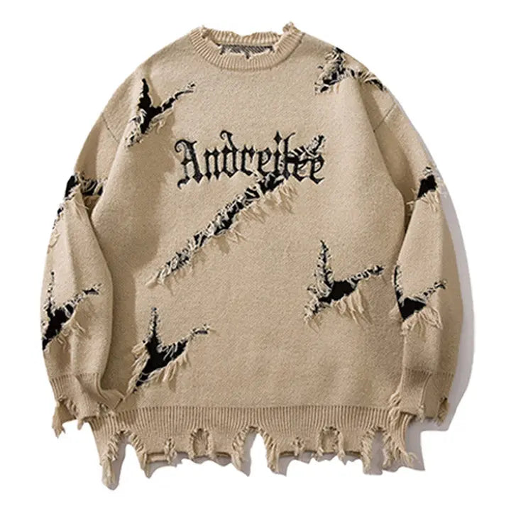 Sneakerhill® Gothic Punk Knit Sweater Ripped Hem - sneakerhillcom