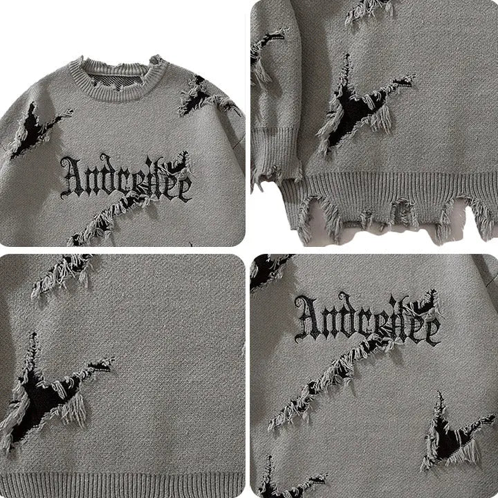 Sneakerhill® Gothic Punk Knit Sweater Ripped Hem - sneakerhillcom