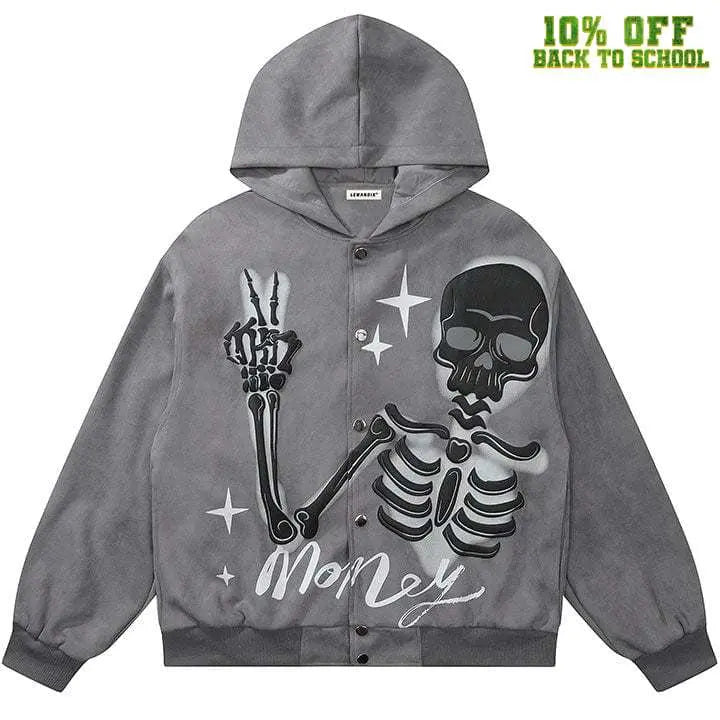 Sneakerhill® High Street Button Up Hoodie Skeleton Print - sneakerhillcom