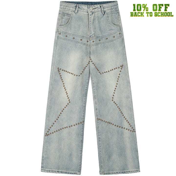 Sneakerhill® High Waist Star Rivet Wide Leg Jeans - sneakerhillcom