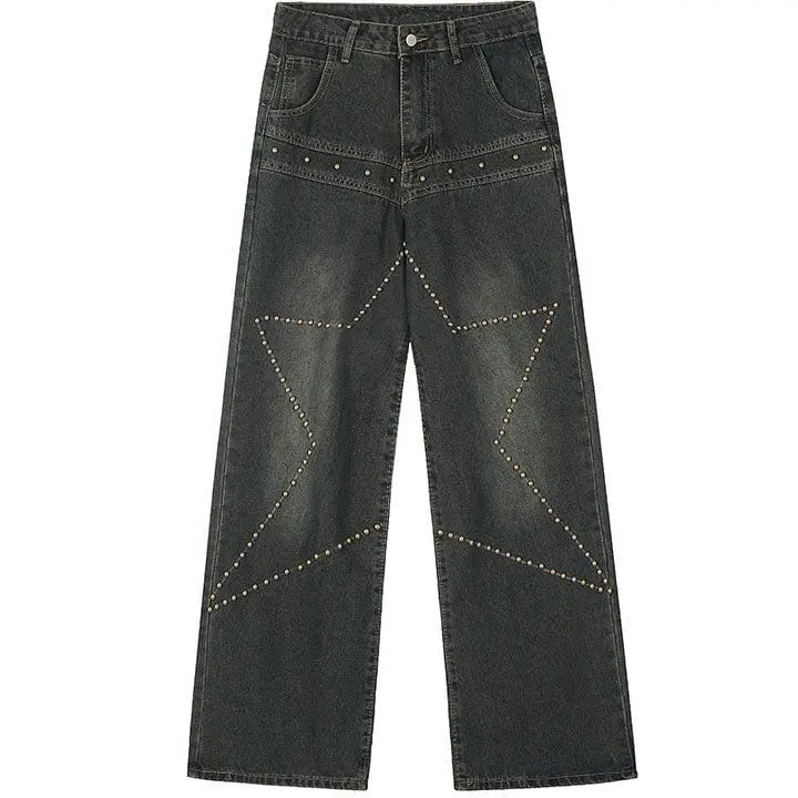 Sneakerhill® High Waist Star Rivet Wide Leg Jeans - sneakerhillcom