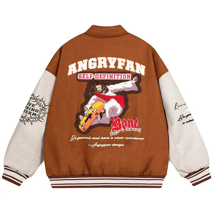 Sneakerhill® Jesus Riding Skateboard Varsity Jacket - sneakerhillcom