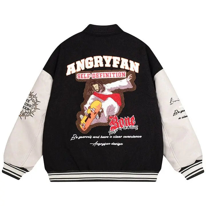 Sneakerhill® Jesus Riding Skateboard Varsity Jacket - sneakerhillcom