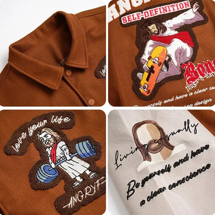 Sneakerhill® Jesus Riding Skateboard Varsity Jacket - sneakerhillcom