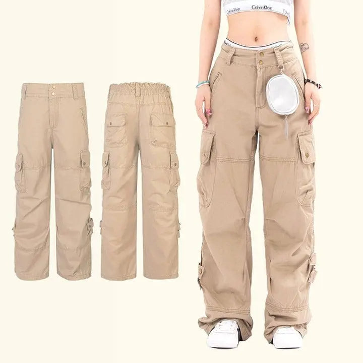 Sneakerhill® Khaki Elastic Waist Cargo Jeans - sneakerhillcom