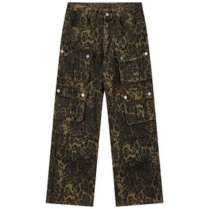 Sneakerhill® Leopard Straight Leg Jeans Multiple Pockets - sneakerhillcom