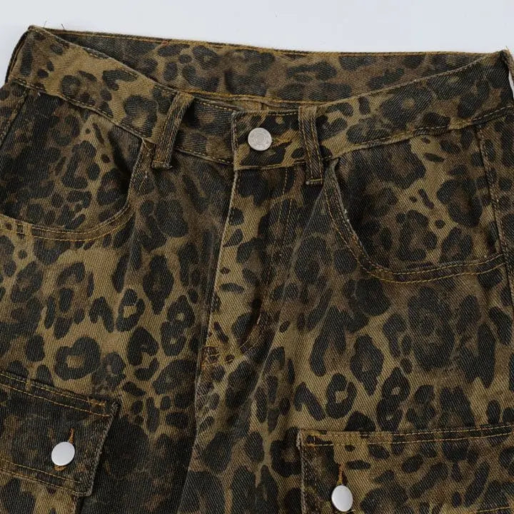 Sneakerhill® Leopard Straight Leg Jeans Multiple Pockets - sneakerhillcom