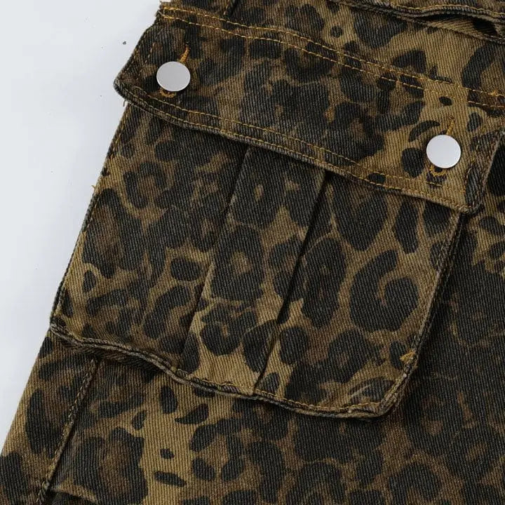 Sneakerhill® Leopard Straight Leg Jeans Multiple Pockets - sneakerhillcom