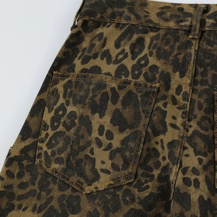 Sneakerhill® Leopard Straight Leg Jeans Multiple Pockets - sneakerhillcom