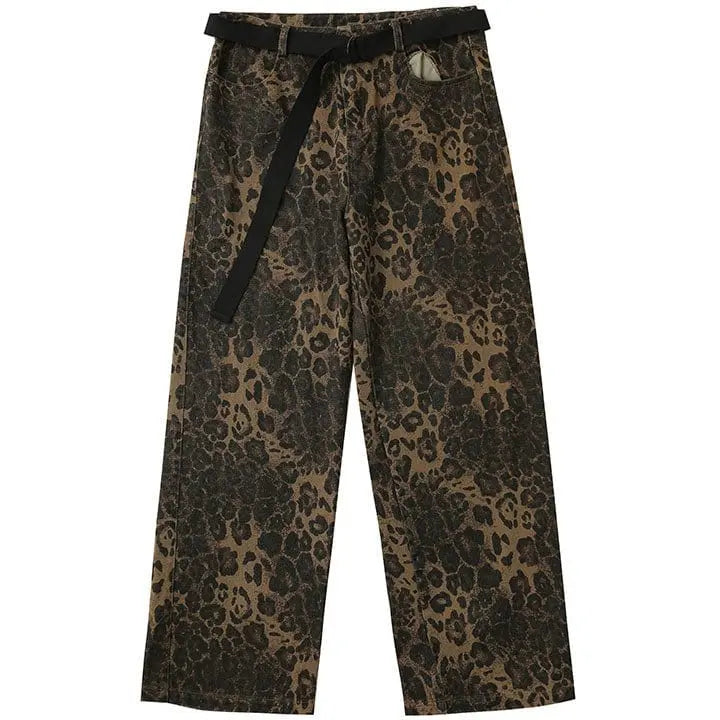 Sneakerhill® Leopard Straight Leg Pants with Belt - sneakerhillcom