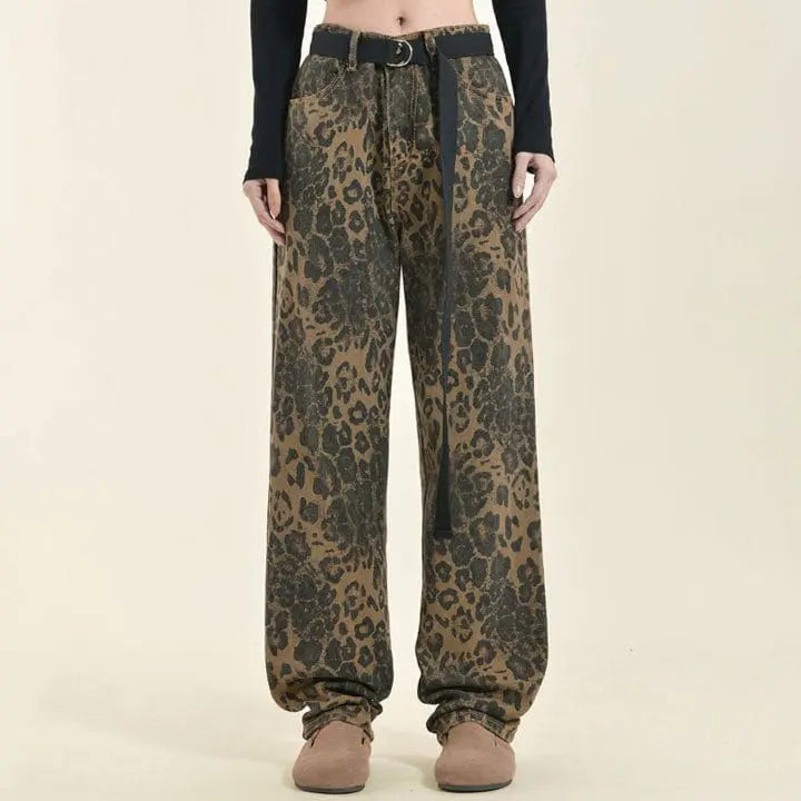 Sneakerhill® Leopard Straight Leg Pants with Belt - sneakerhillcom