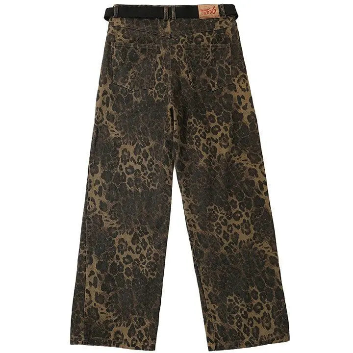 Sneakerhill® Leopard Straight Leg Pants with Belt - sneakerhillcom