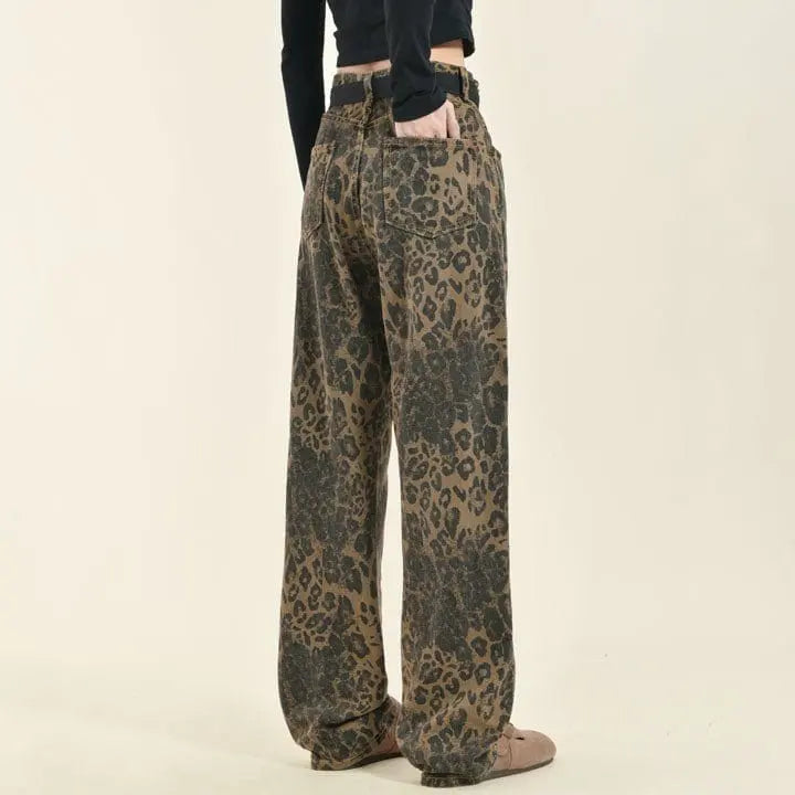 Sneakerhill® Leopard Straight Leg Pants with Belt - sneakerhillcom