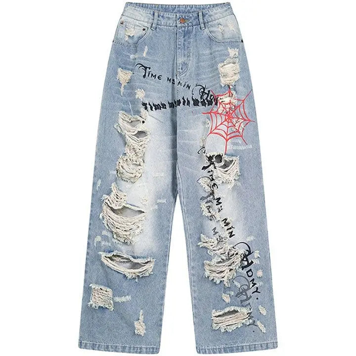 Sneakerhill® Light Blue Ripped Jeans Spider Web - sneakerhillcom