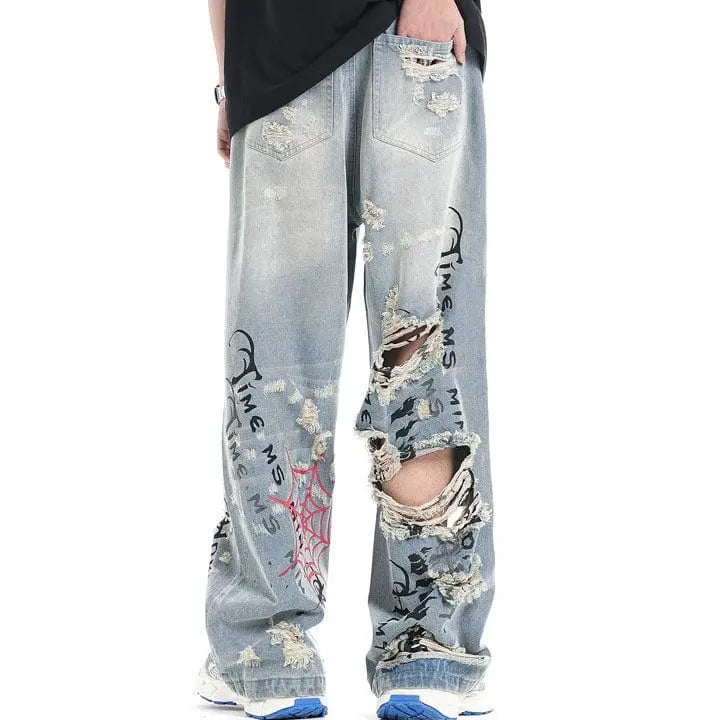 Sneakerhill® Light Blue Ripped Jeans Spider Web - sneakerhillcom