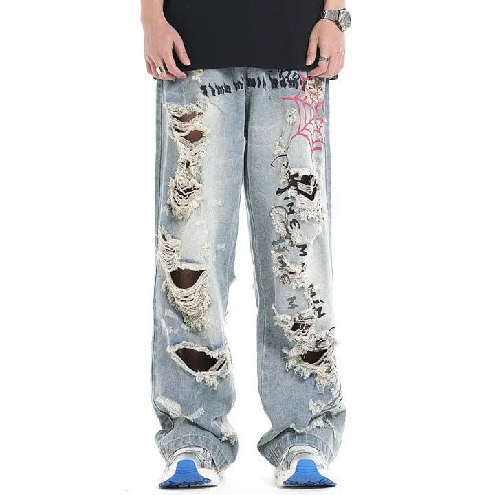 Sneakerhill® Light Blue Ripped Jeans Spider Web - sneakerhillcom