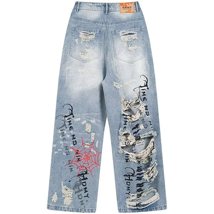 Sneakerhill® Light Blue Ripped Jeans Spider Web - sneakerhillcom