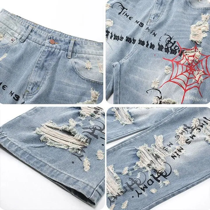 Sneakerhill® Light Blue Ripped Jeans Spider Web - sneakerhillcom