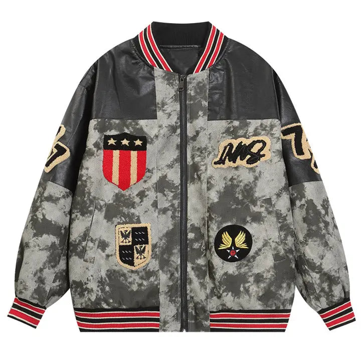 Sneakerhill® PU Leather Camo Patchwork Bomber Jacket - sneakerhillcom