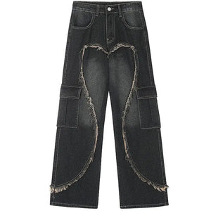 Sneakerhill® Patchwork Fringe Heart Wide Leg Jeans - sneakerhillcom